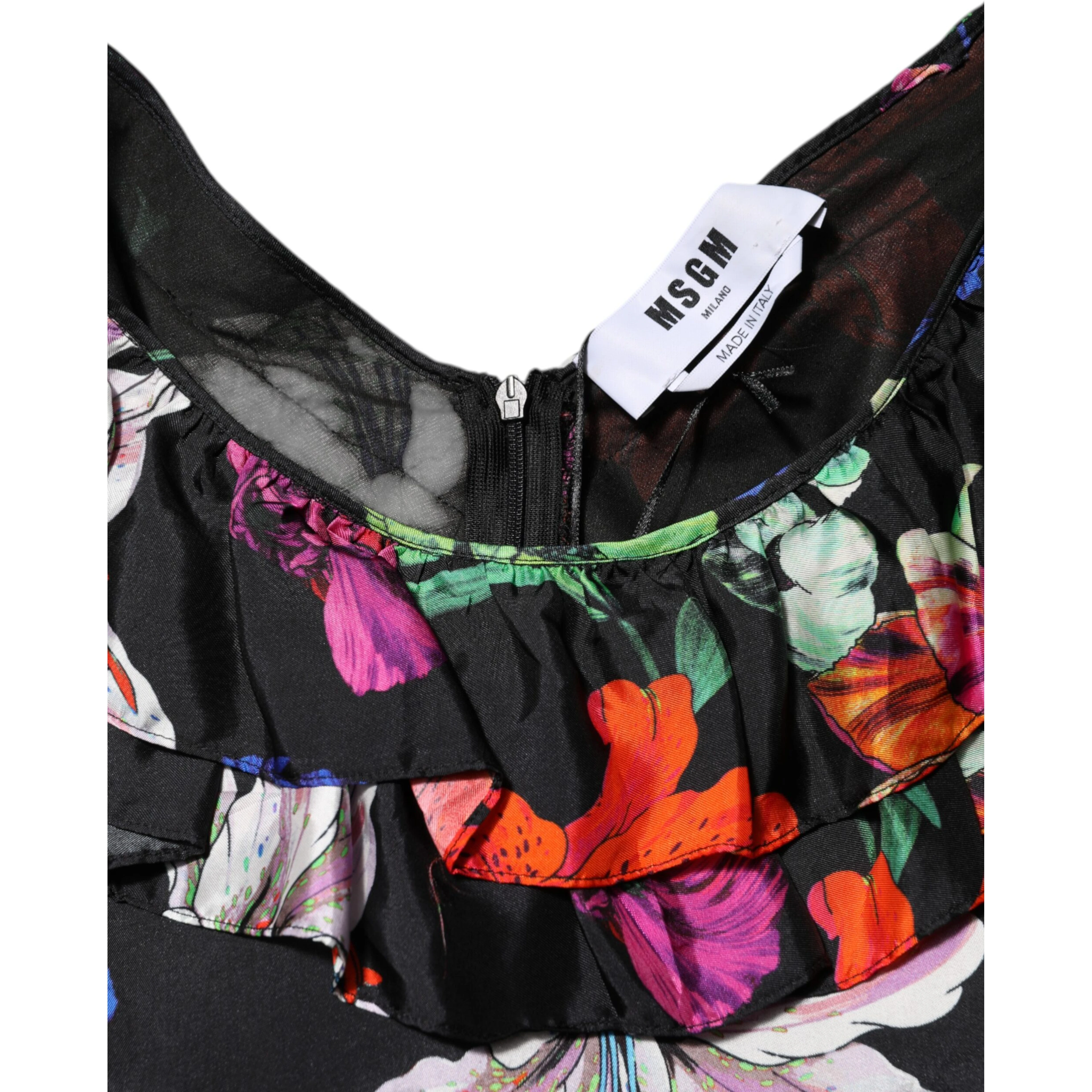Dress Black Multicolor Floral Ruffle Long Sleeve Mini Dress