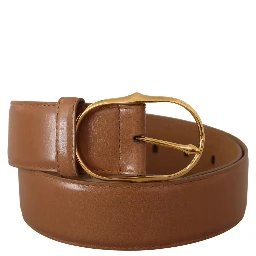 Brown Leather Gold Metal Oval Buckle Belt