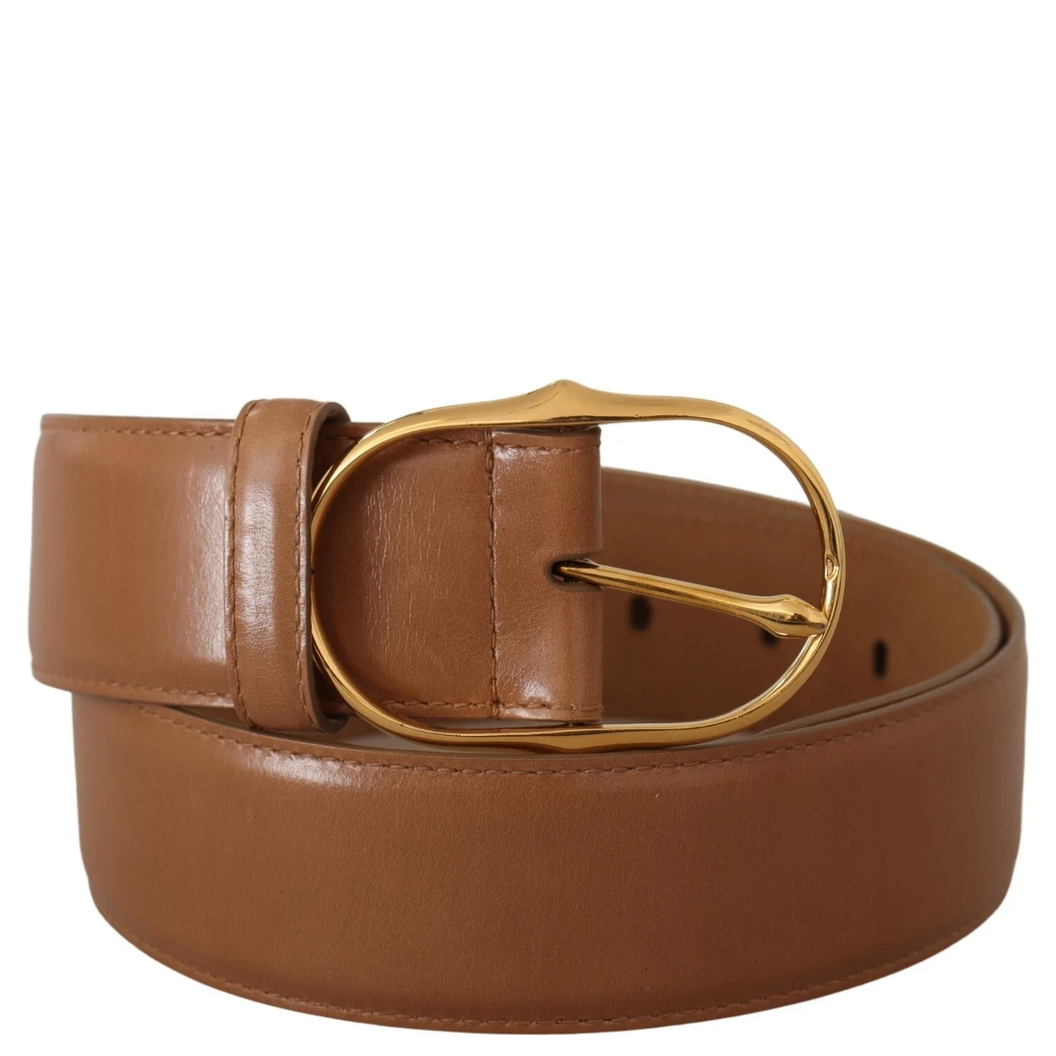 Brown Leather Gold Metal Oval Buckle Belt