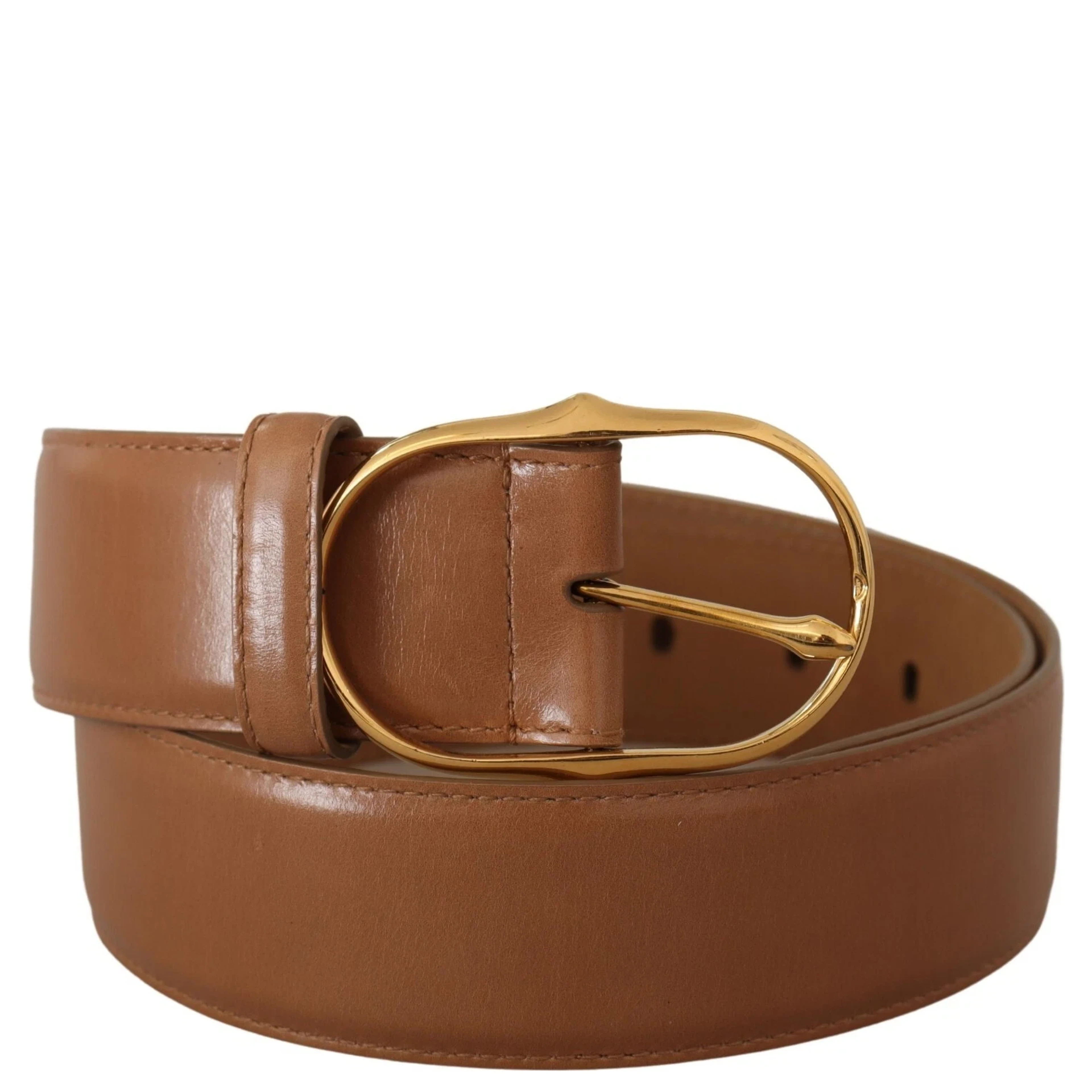 Brown Leather Gold Metal Oval Buckle Belt