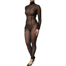 Black Sheer Mesh Long Sleeve Jumpsuit Bodysuit Dress
