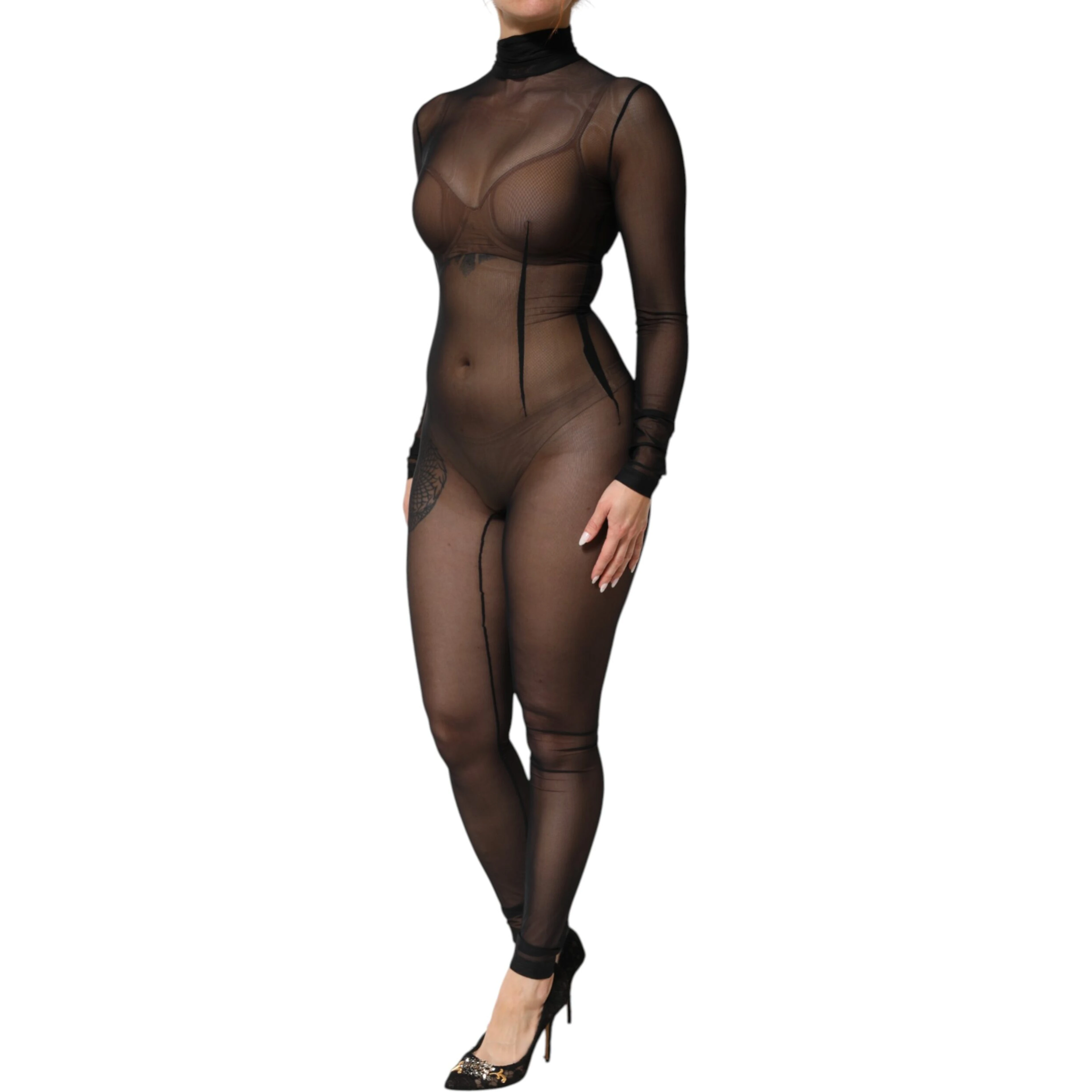 Black Sheer Mesh Long Sleeve Jumpsuit Bodysuit Dress