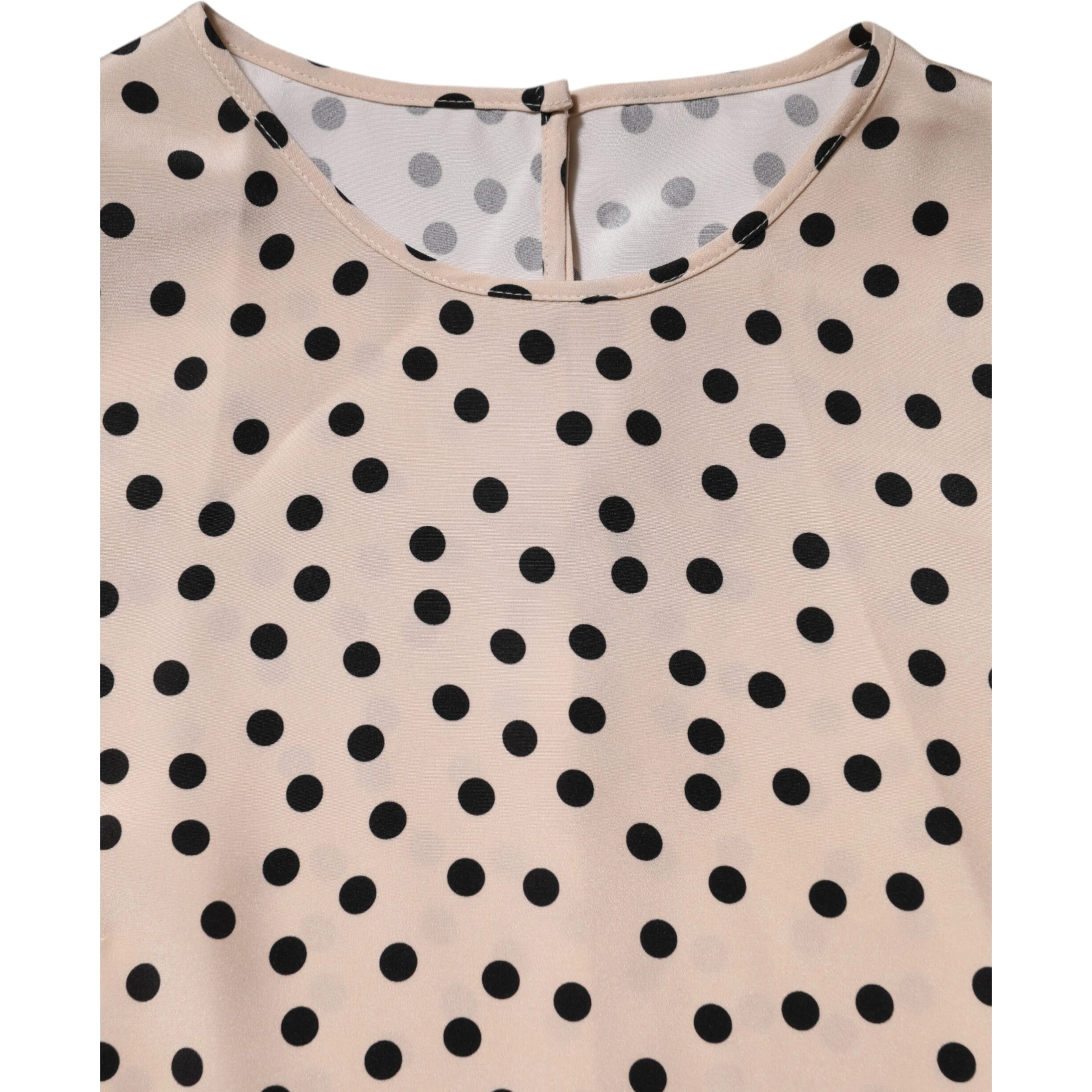 Beige Black Polka Dot Silk Short Sleeve Blouse Top