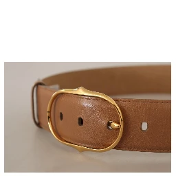 Brown Leather Gold Metal Oval Buckle Belt