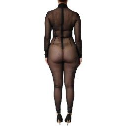 Black Sheer Mesh Long Sleeve Jumpsuit Bodysuit Dress
