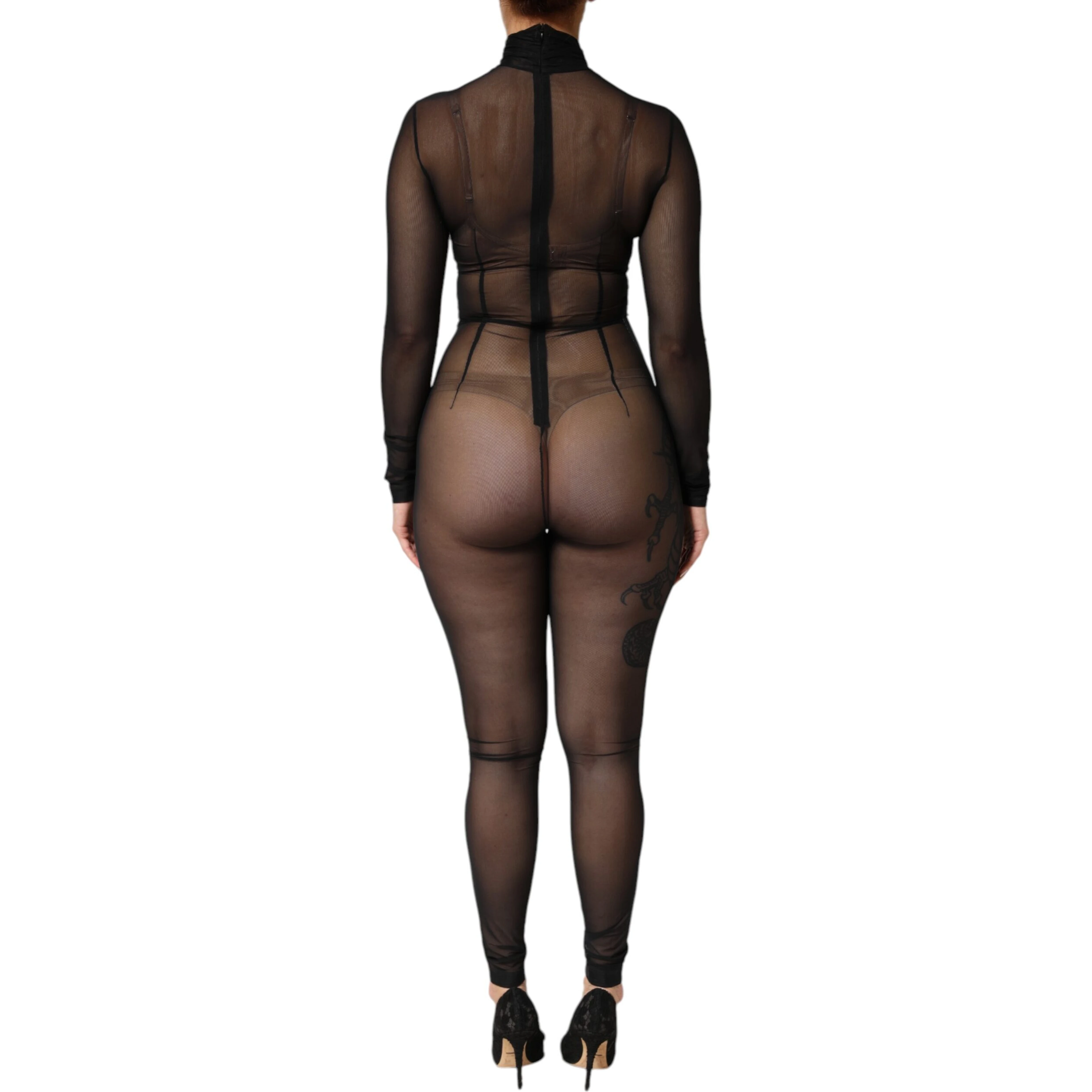Black Sheer Mesh Long Sleeve Jumpsuit Bodysuit Dress