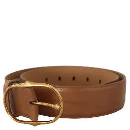 Brown Leather Gold Metal Oval Buckle Belt