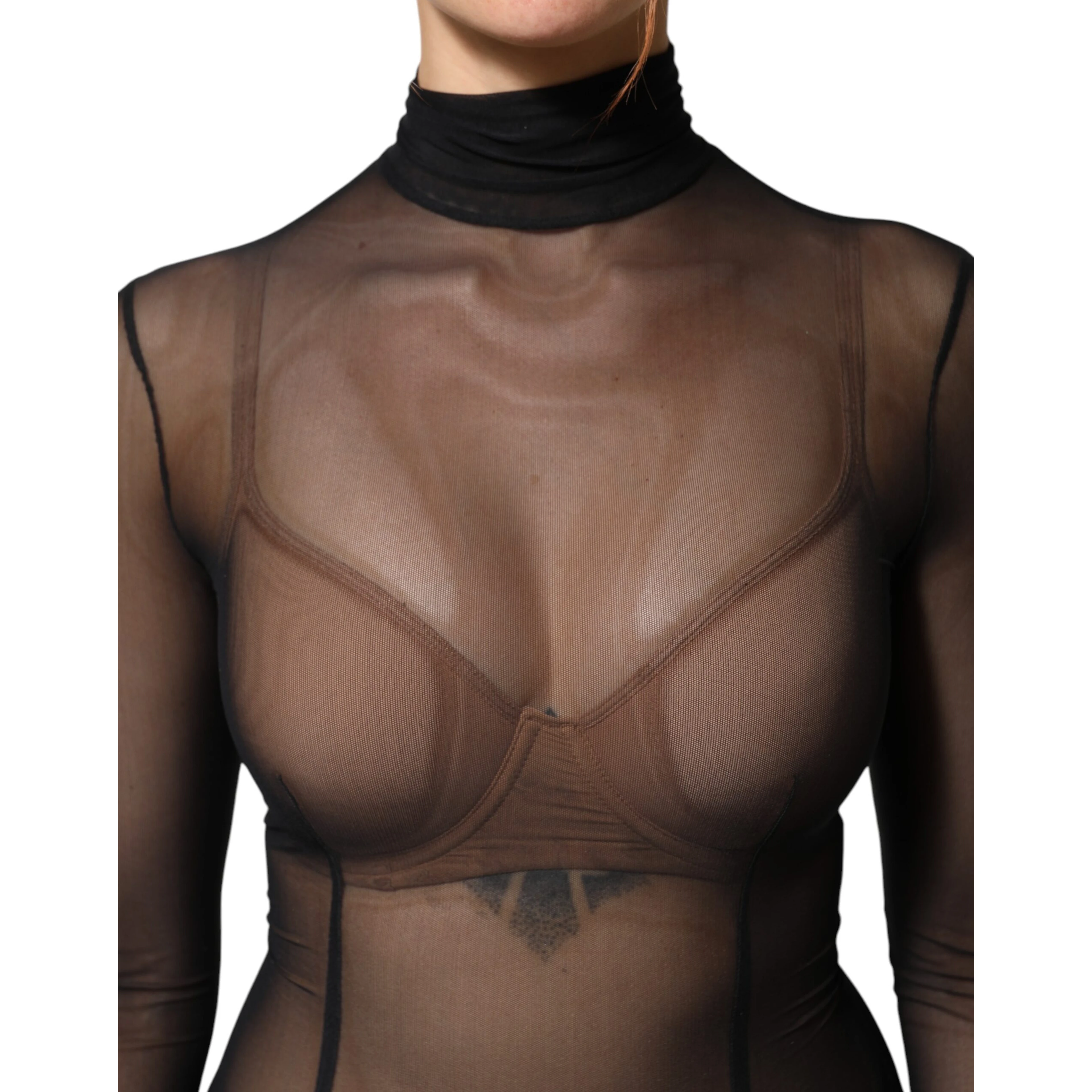 Black Sheer Mesh Long Sleeve Jumpsuit Bodysuit Dress