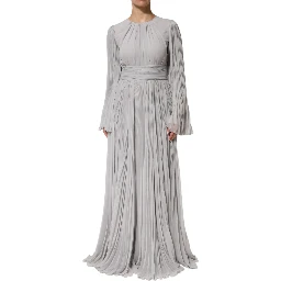 Grey Pleated Maxi Long Sleeve Silk Blend Gown Dress