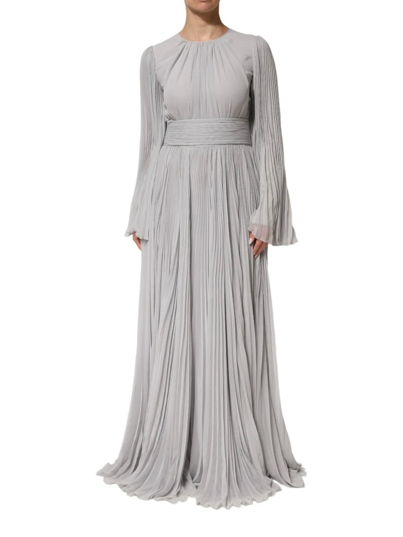 Grey Pleated Maxi Long Sleeve Silk Blend Gown Dress