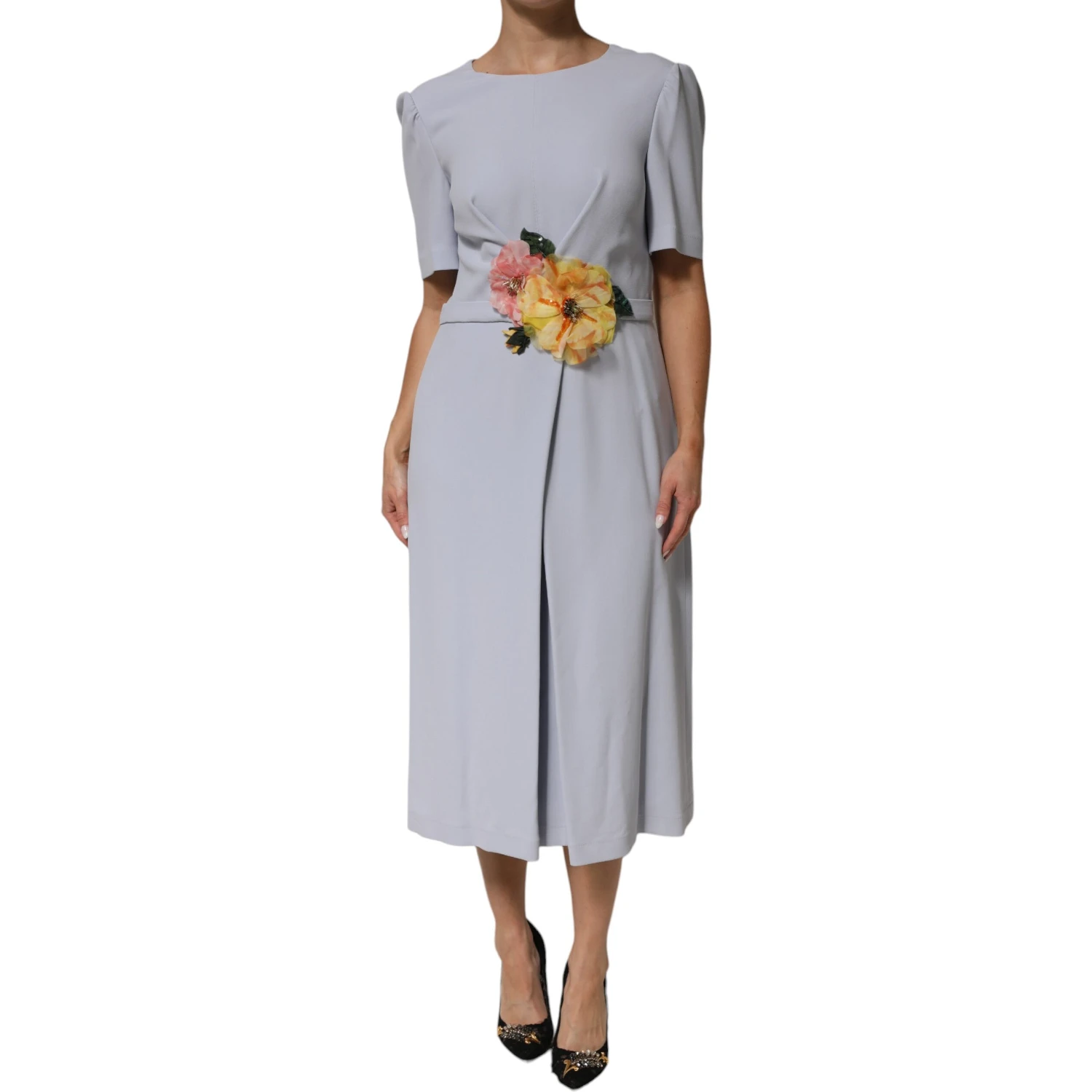 Light Blue Viscose Blend Floral Applique Dress