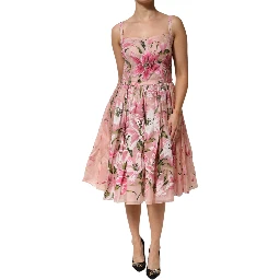 Pink Cotton Floral Pleated Sleeveless Dress
