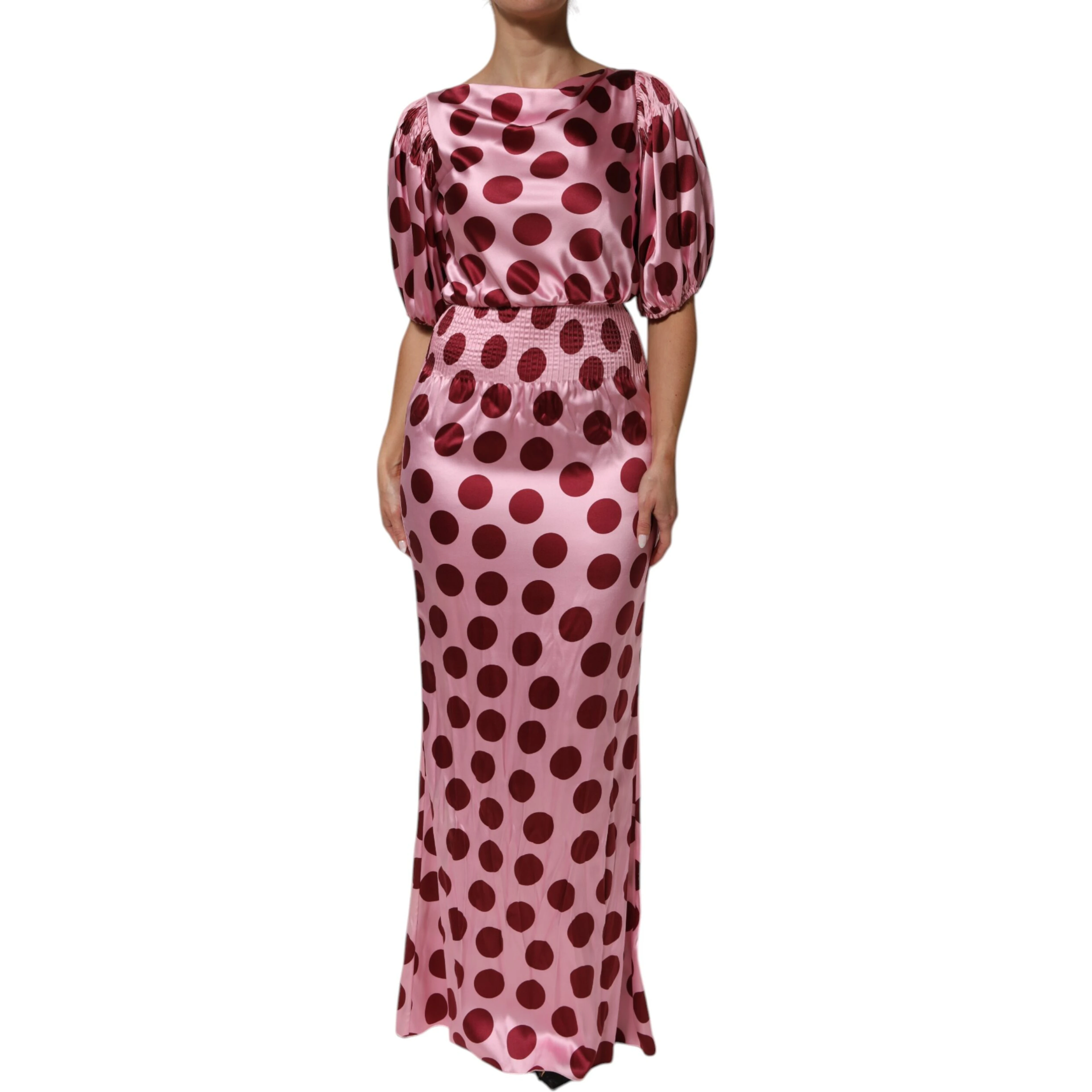 Pink Red Polka Dot Silk Satin Maxi Gown Dress