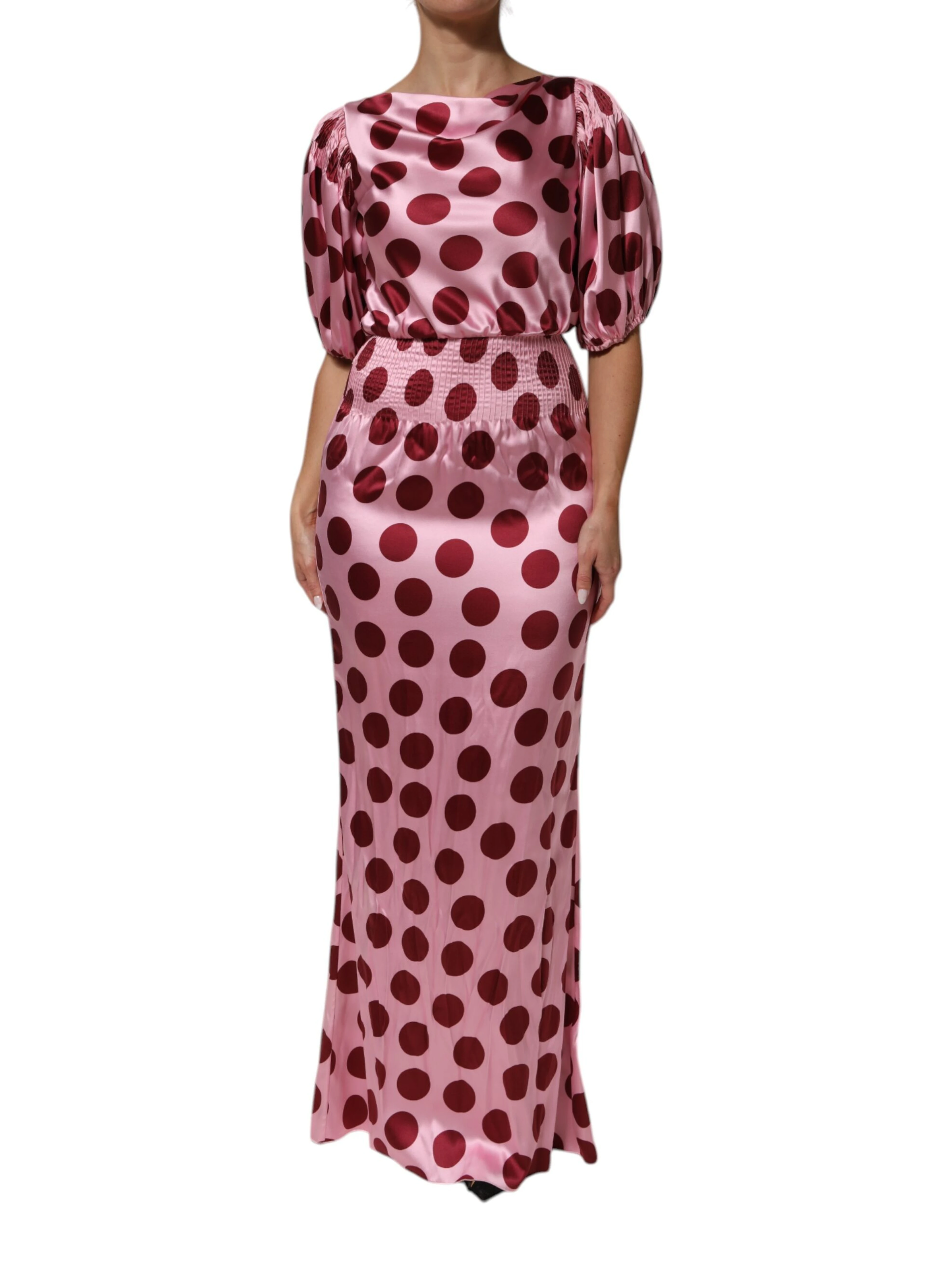 Pink Red Polka Dot Silk Satin Maxi Gown Dress