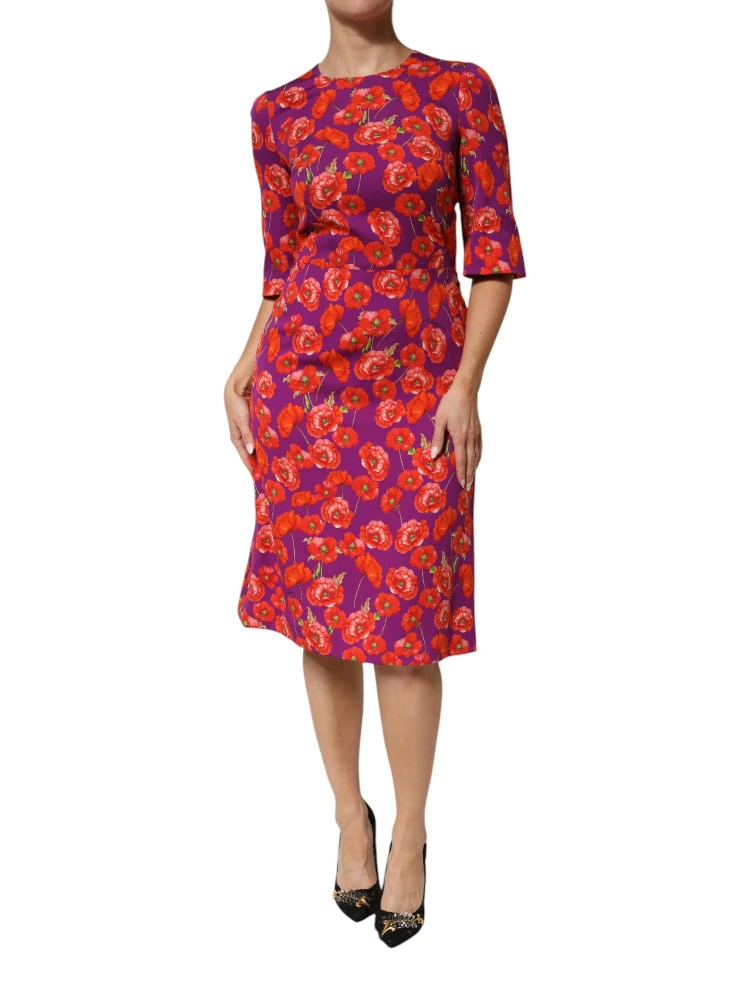 Purple Silk Floral Print Midi Sheath Dress