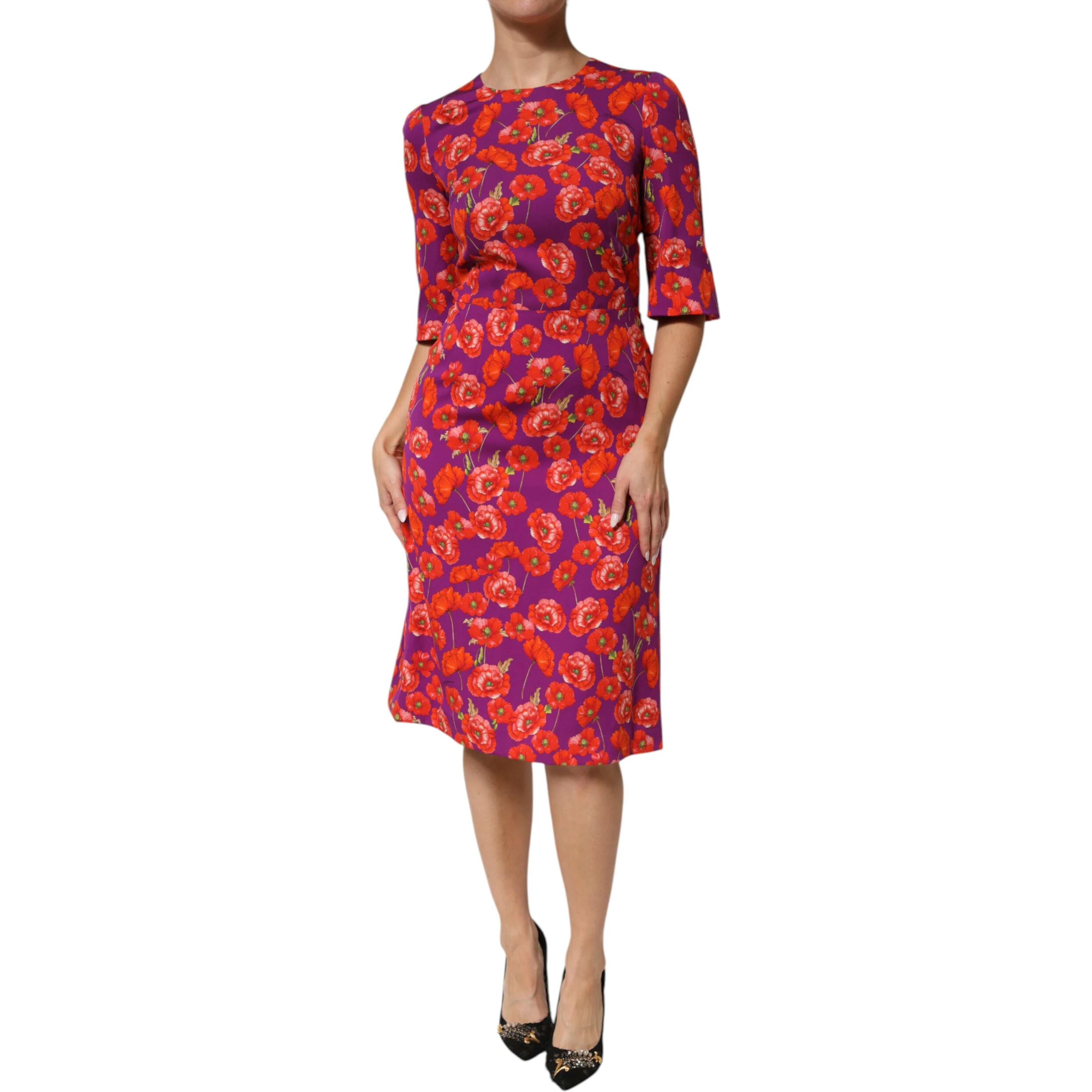 Purple Silk Floral Print Midi Sheath Dress