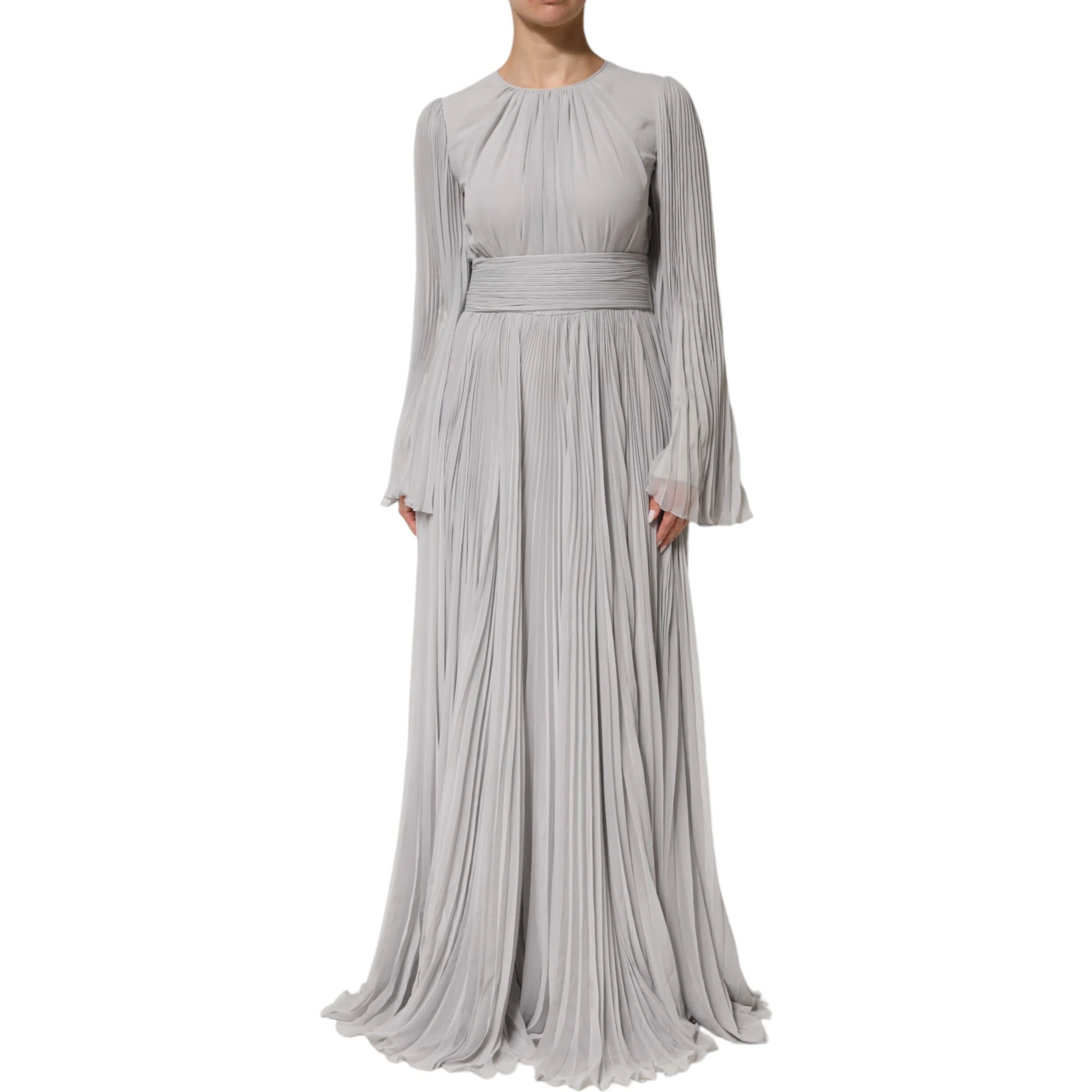 Grey Pleated Maxi Long Sleeve Silk Blend Gown Dress