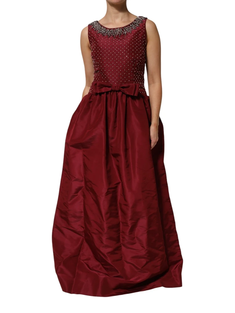 Burgundy Silk Beaded Evening Gown Dress