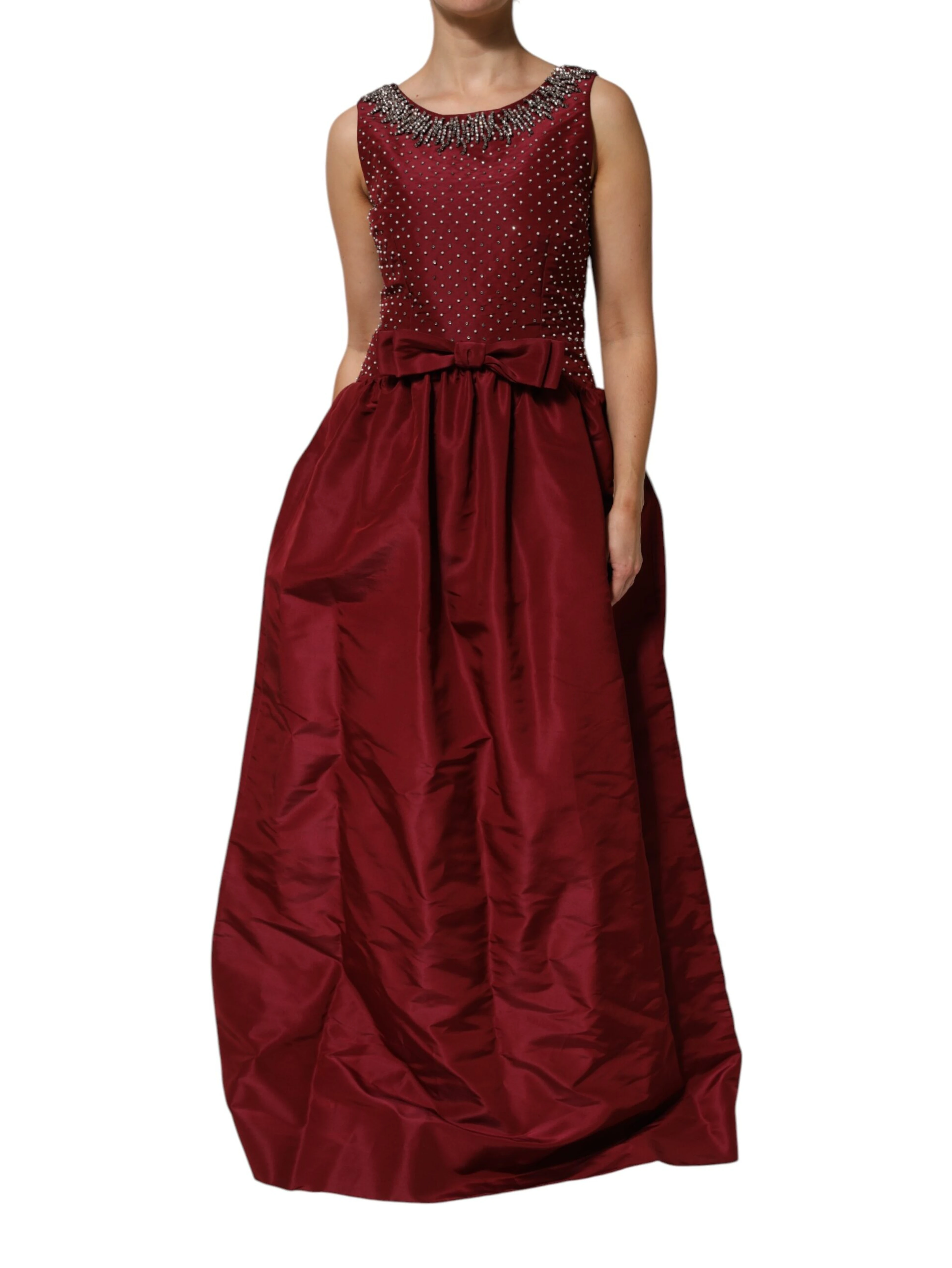 Burgundy Silk Beaded Evening Gown Dress