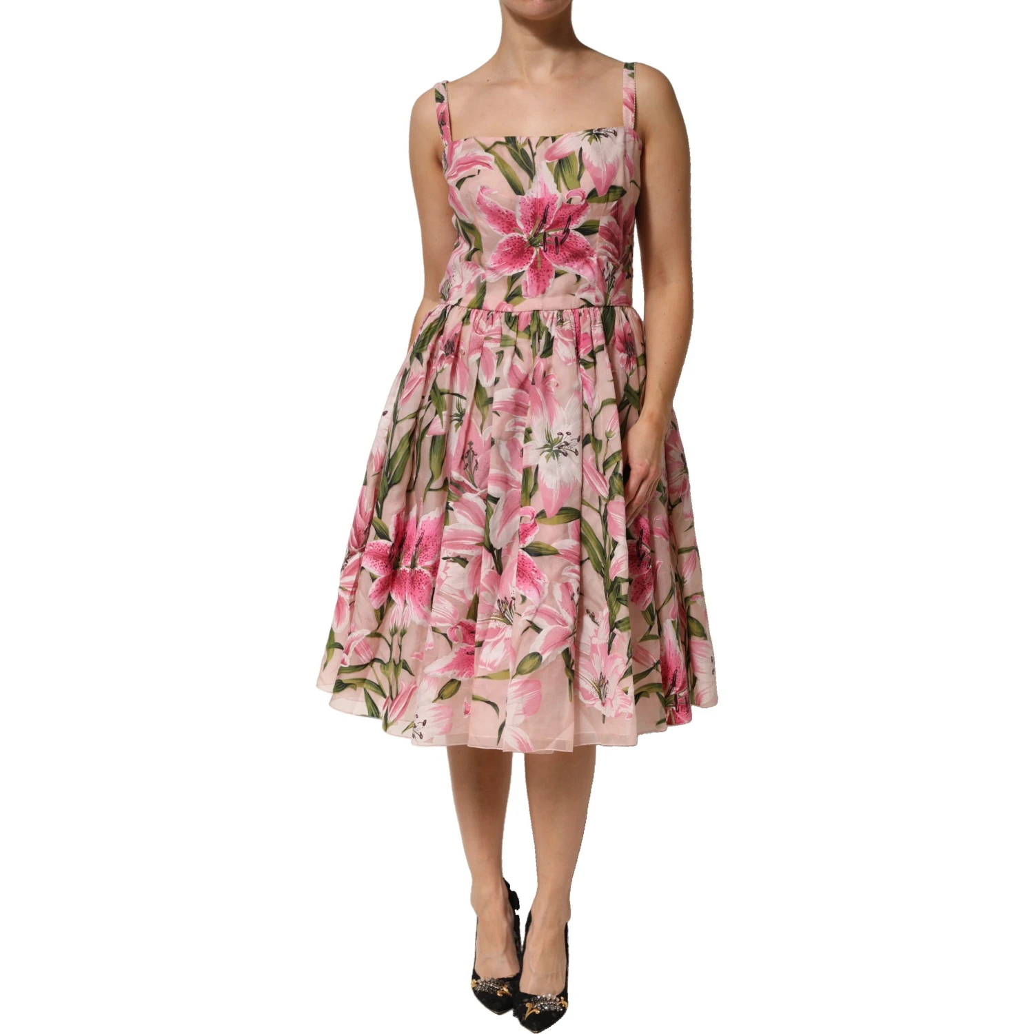 Pink Floral Lily Print Midi Sleeveless Dress