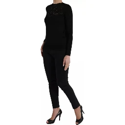 Black Silk Lace Trim Long Sleeves Blouse Top