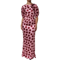 Pink Red Polka Dot Silk Satin Maxi Gown Dress