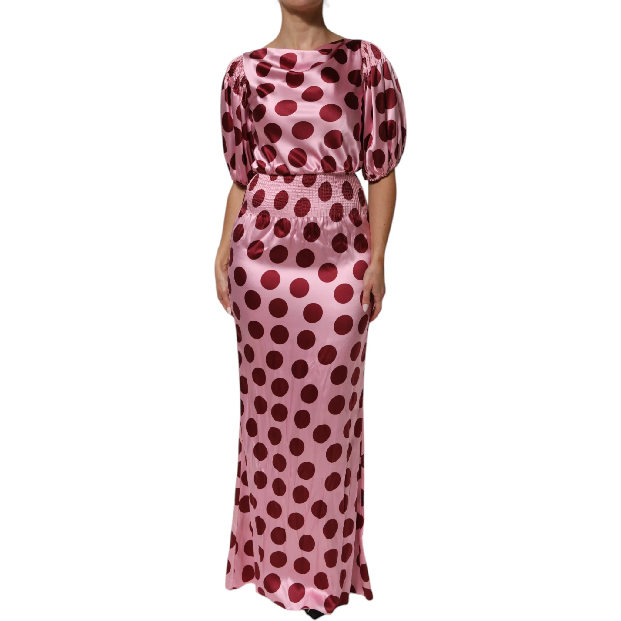 Pink Red Polka Dot Silk Satin Maxi Gown Dress