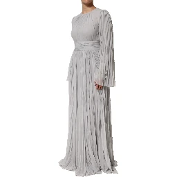 Grey Pleated Maxi Long Sleeve Silk Blend Gown Dress
