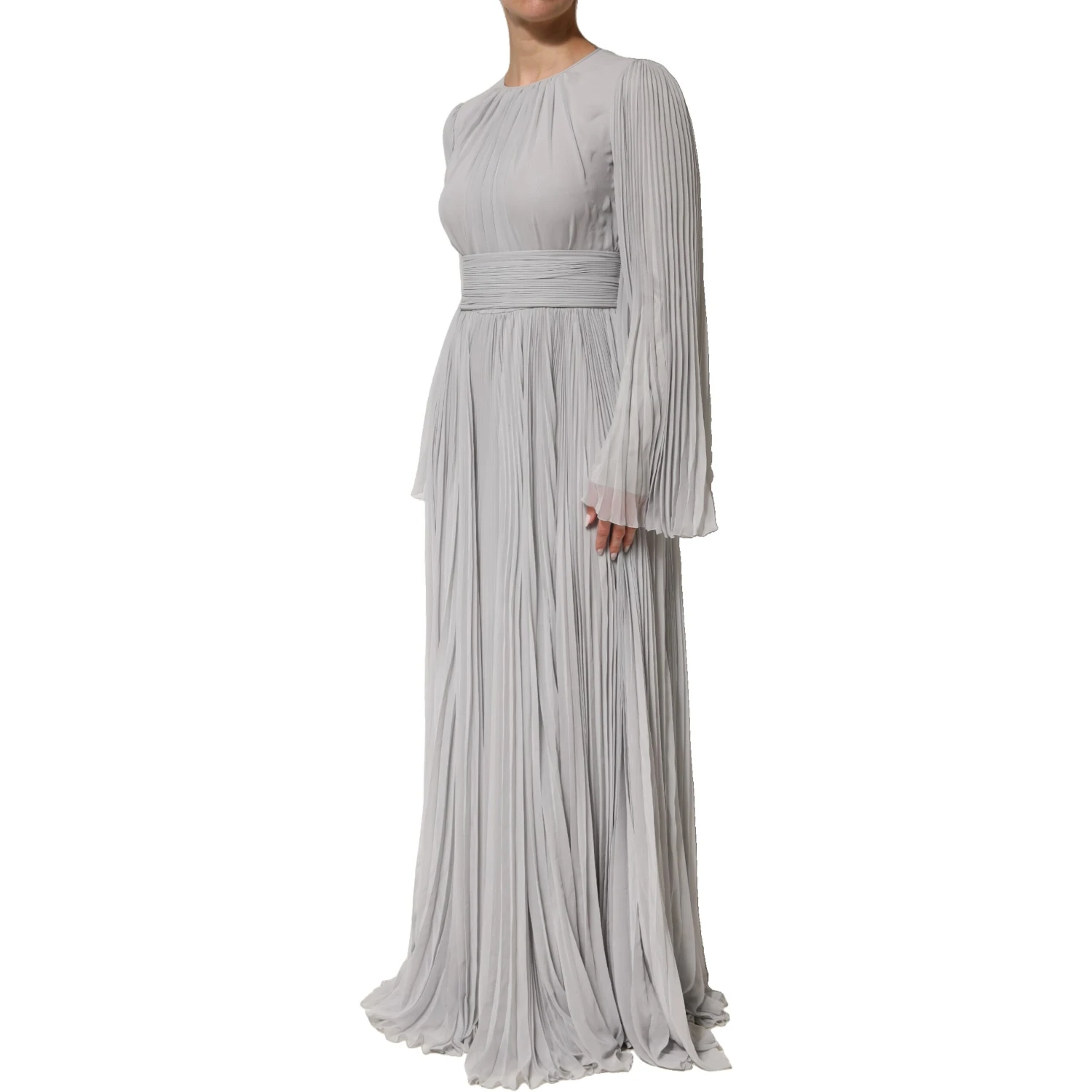 Grey Pleated Maxi Long Sleeve Silk Blend Gown Dress