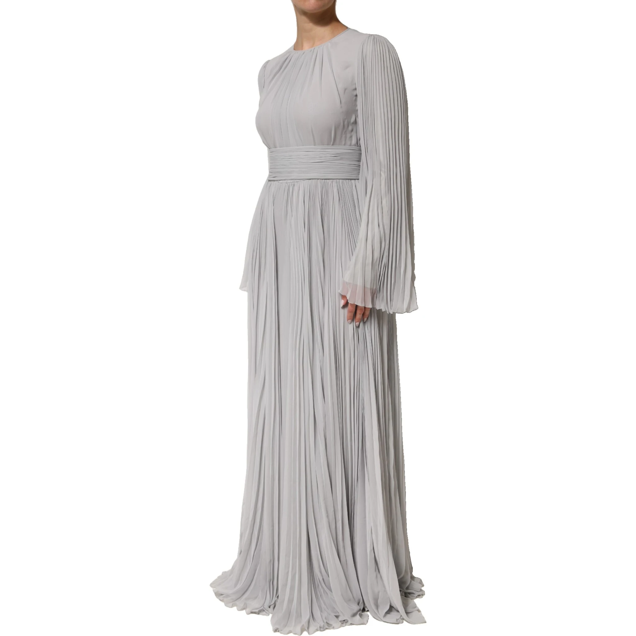 Grey Pleated Maxi Long Sleeve Silk Blend Gown Dress