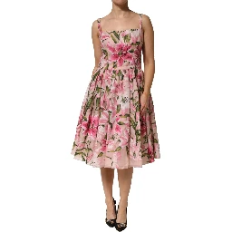 Pink Floral Lily Print Midi Sleeveless Dress