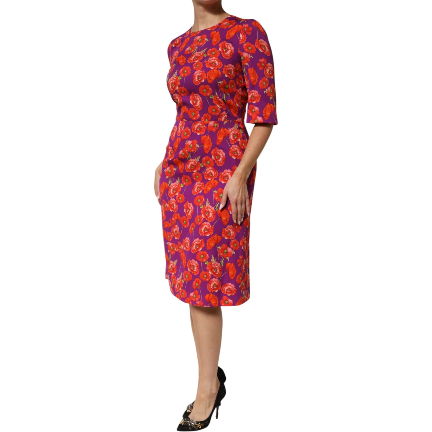 Purple Silk Floral Print Midi Sheath Dress