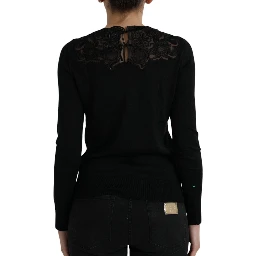 Black Silk Lace Trim Long Sleeves Blouse Top