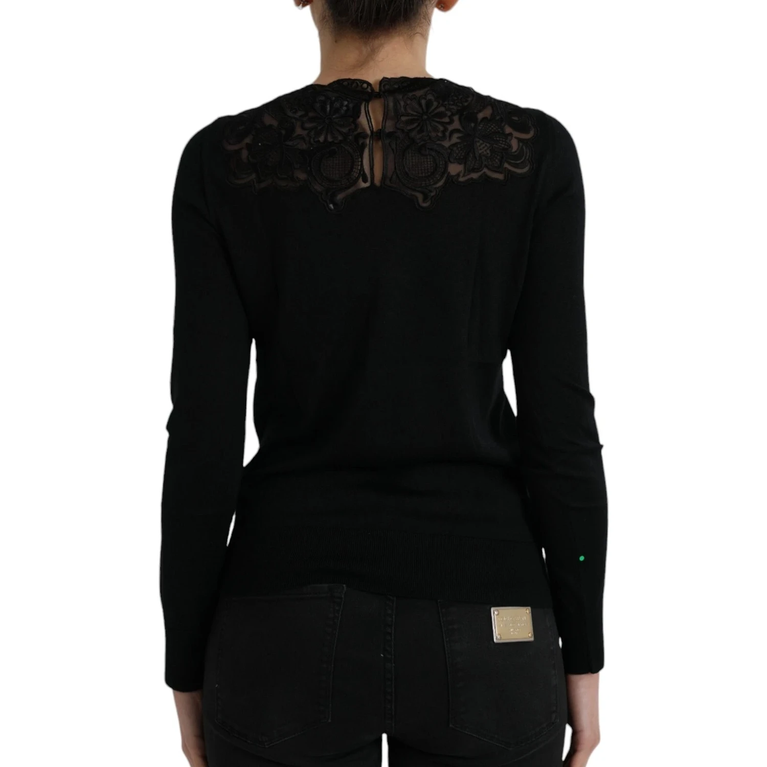 Black Silk Lace Trim Long Sleeves Blouse Top