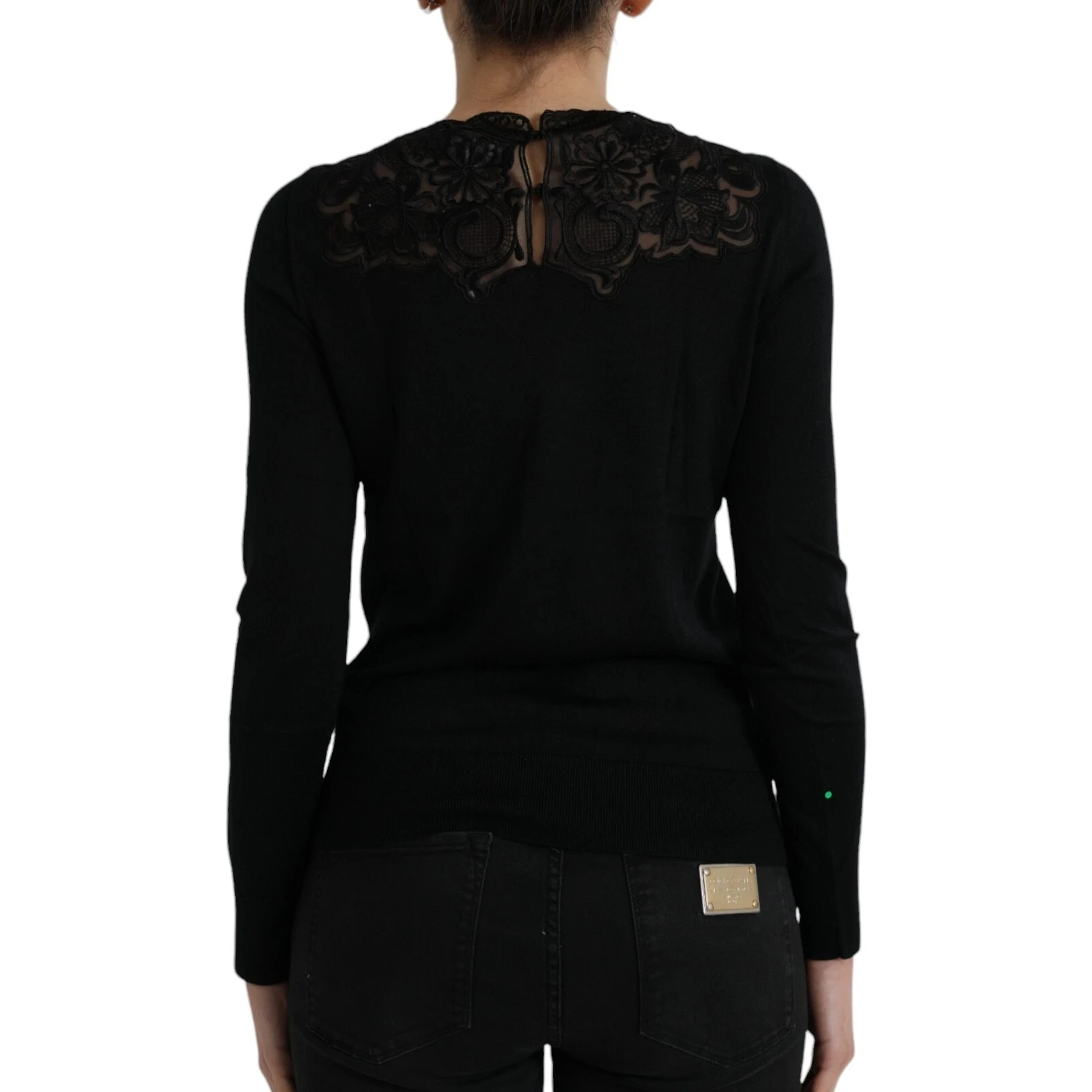 Black Silk Lace Trim Long Sleeves Blouse Top