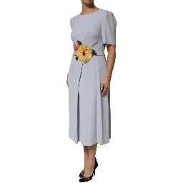 Light Blue Viscose Blend Floral Applique Dress