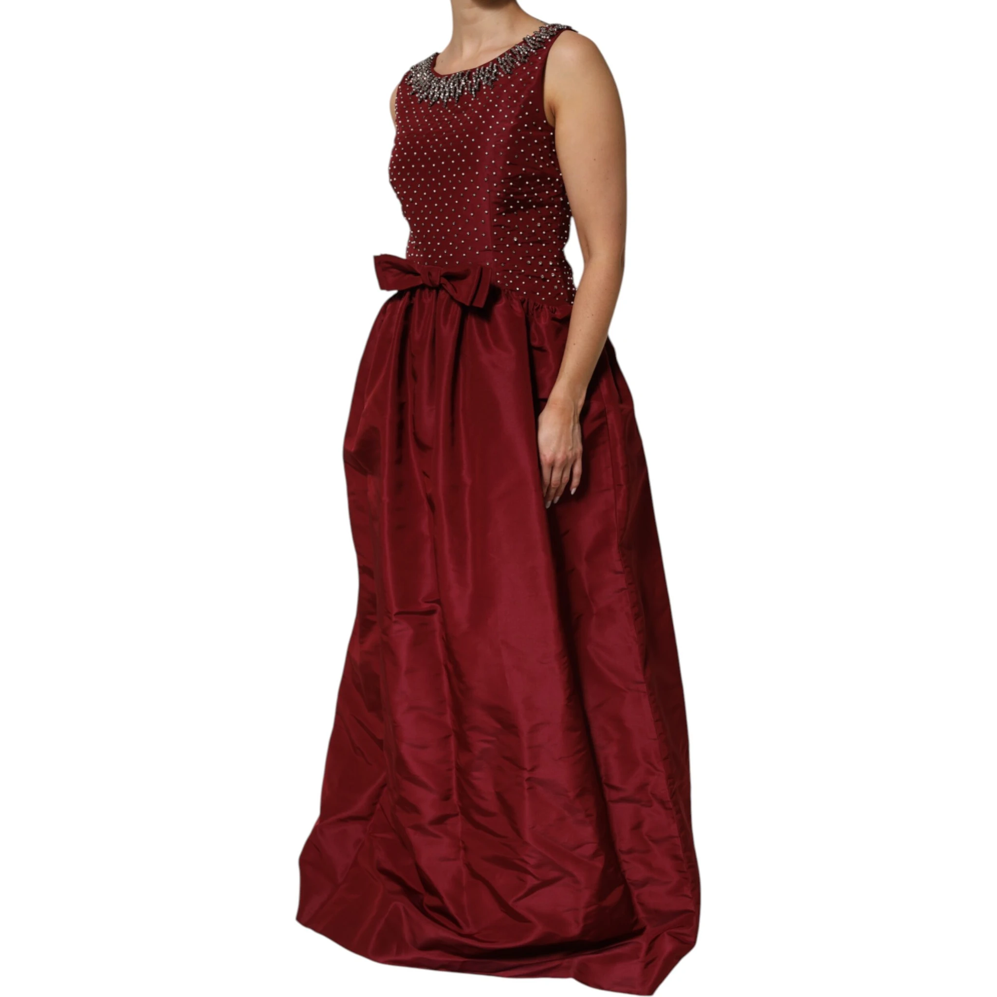 Burgundy Silk Beaded Evening Gown Dress