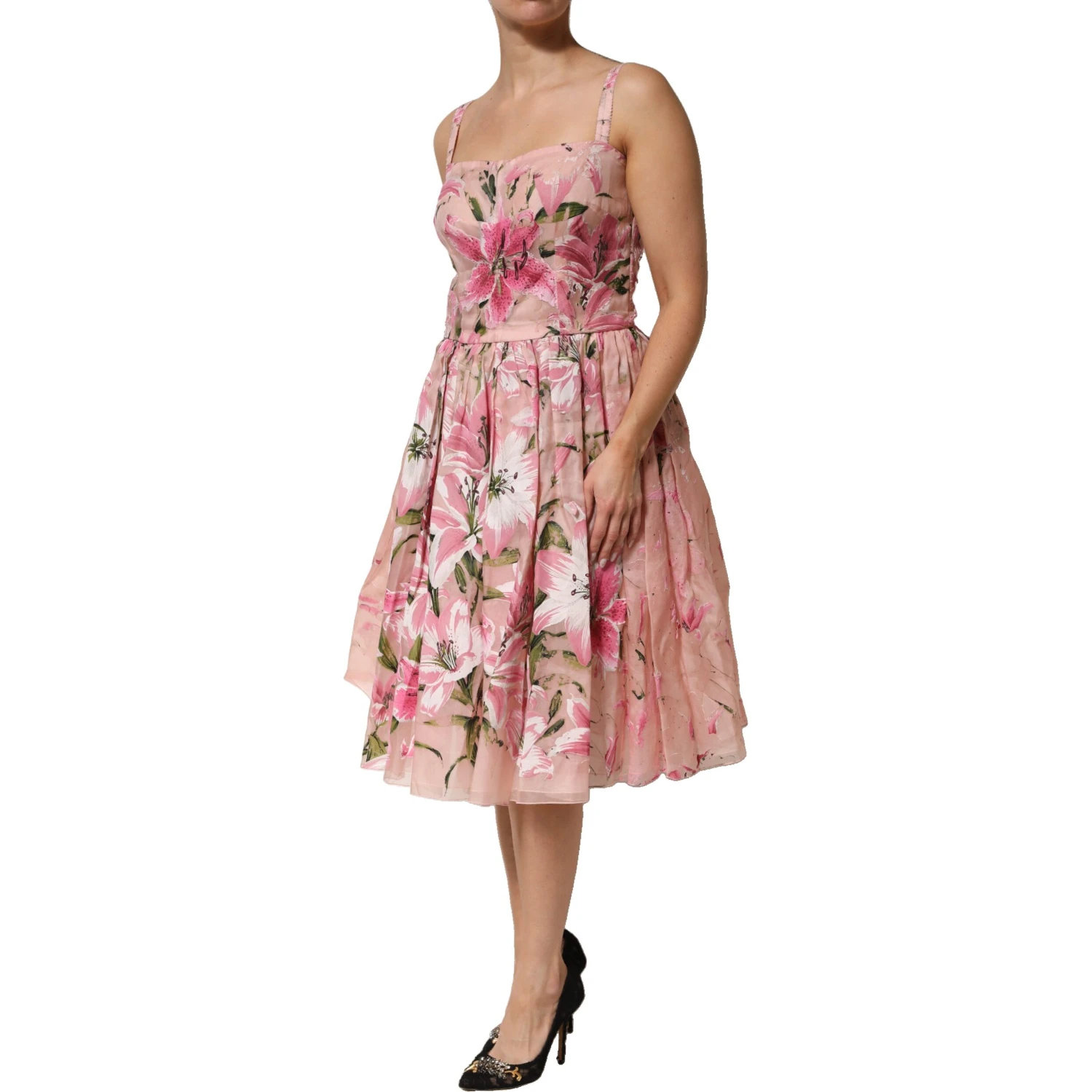 Pink Cotton Floral Pleated Sleeveless Dress