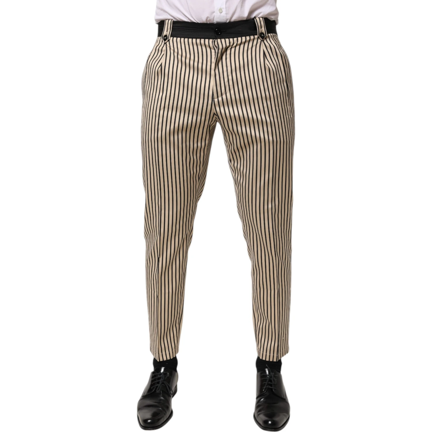 Beige Black Striped Cotton Slim Fit Trousers Pants
