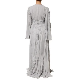 Grey Pleated Maxi Long Sleeve Silk Blend Gown Dress