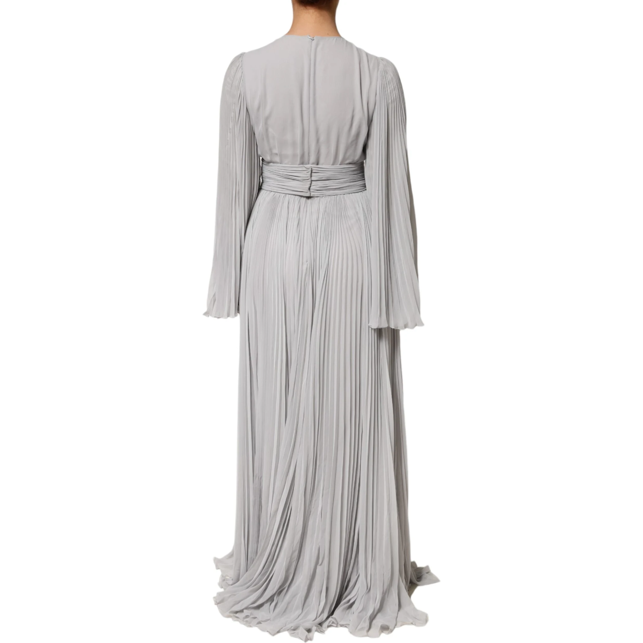 Grey Pleated Maxi Long Sleeve Silk Blend Gown Dress