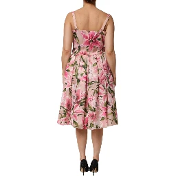 Pink Floral Lily Print Midi Sleeveless Dress