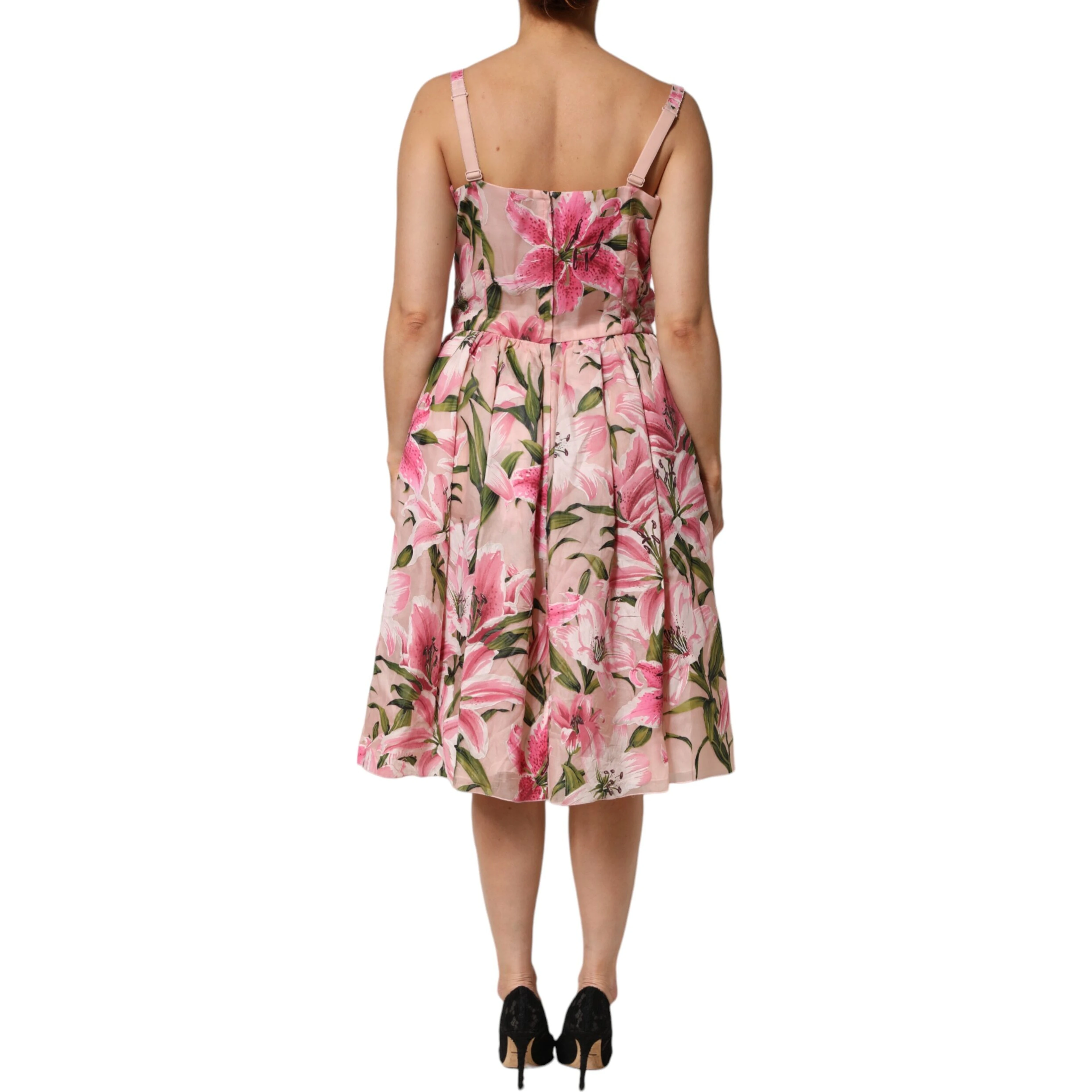 Pink Floral Lily Print Midi Sleeveless Dress