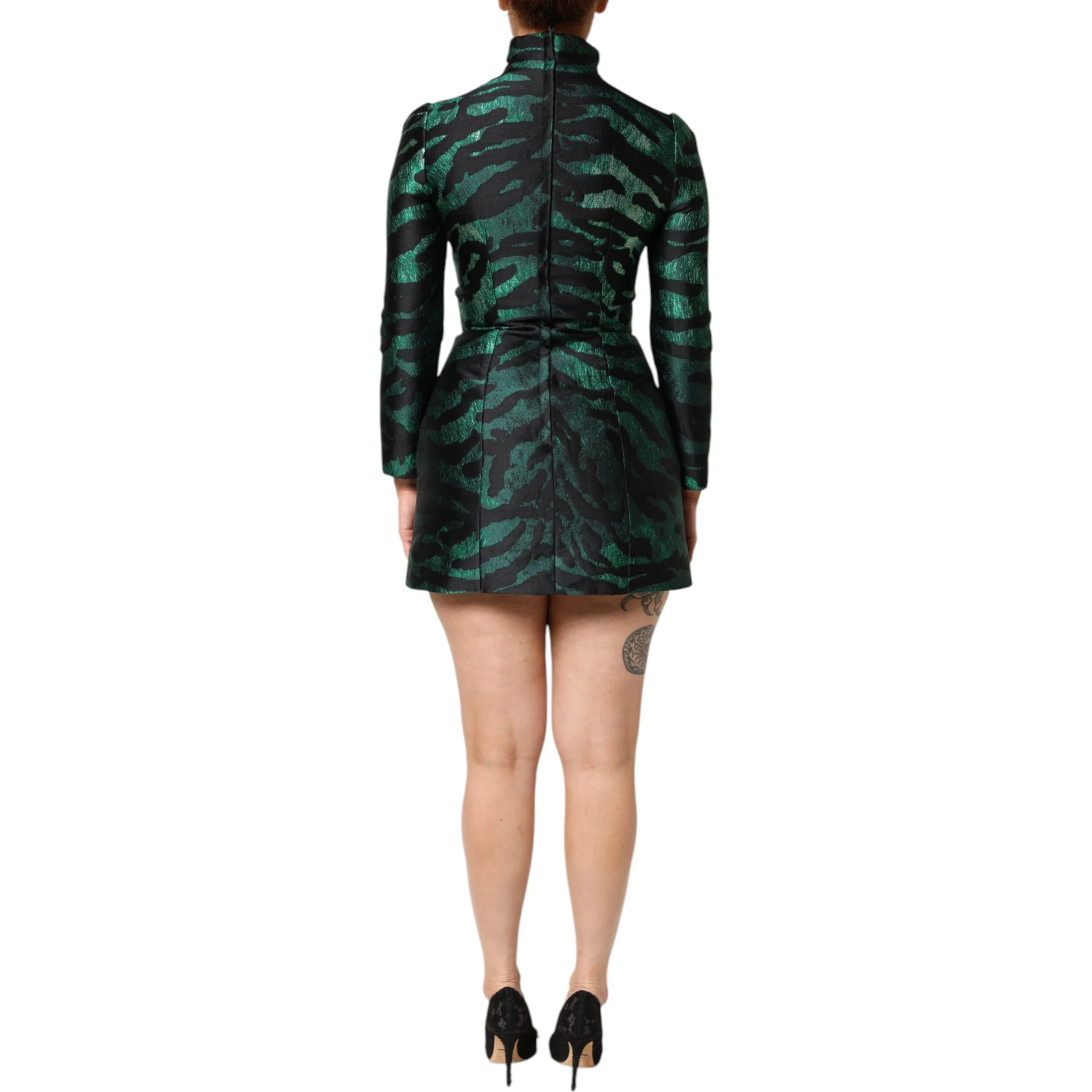 Black Green Metallic Jacquard Mini Long Dress