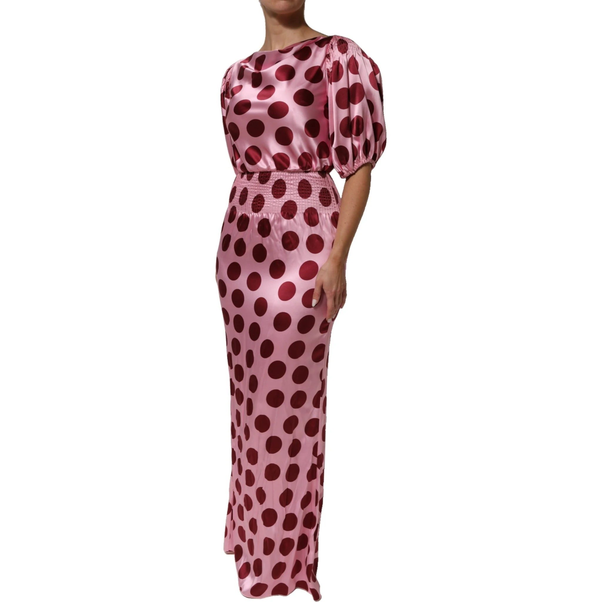 Pink Red Polka Dot Silk Satin Maxi Gown Dress