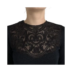 Black Silk Lace Trim Long Sleeves Blouse Top