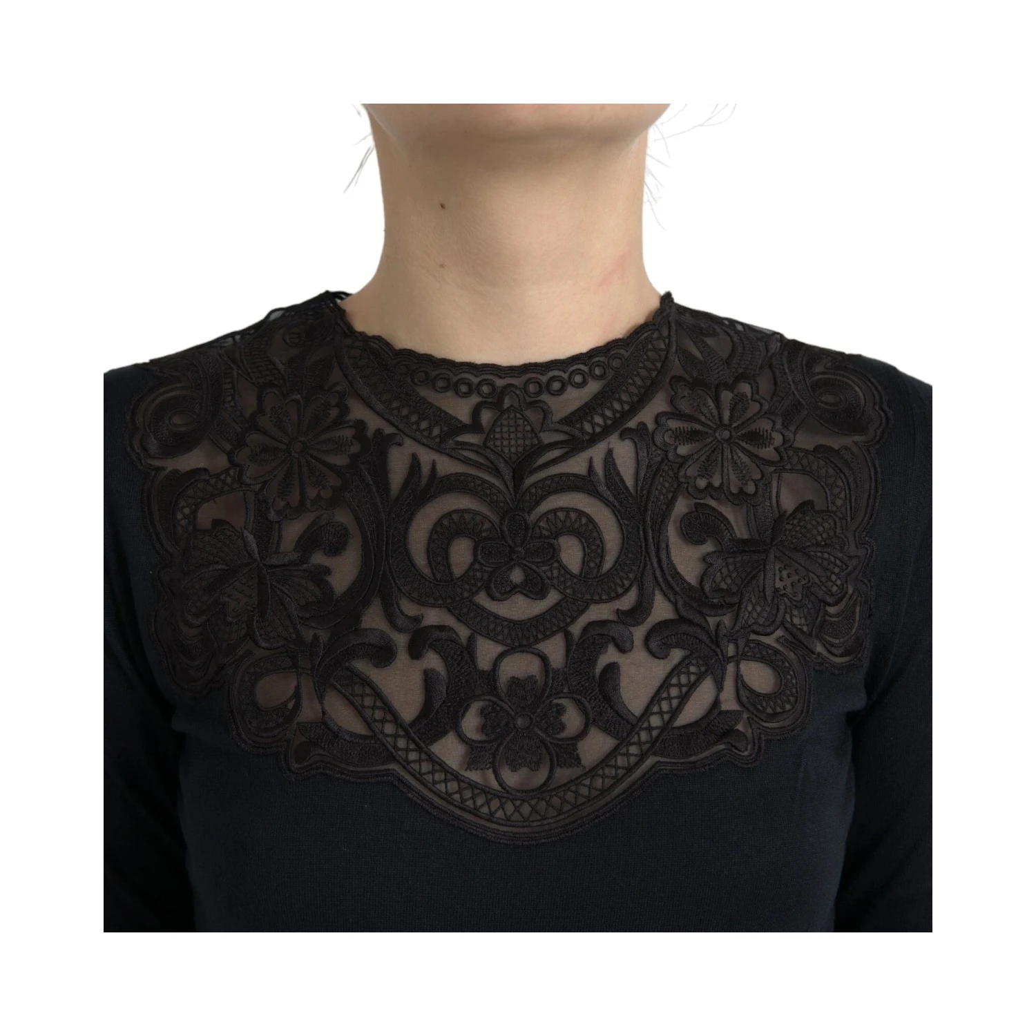Black Silk Lace Trim Long Sleeves Blouse Top