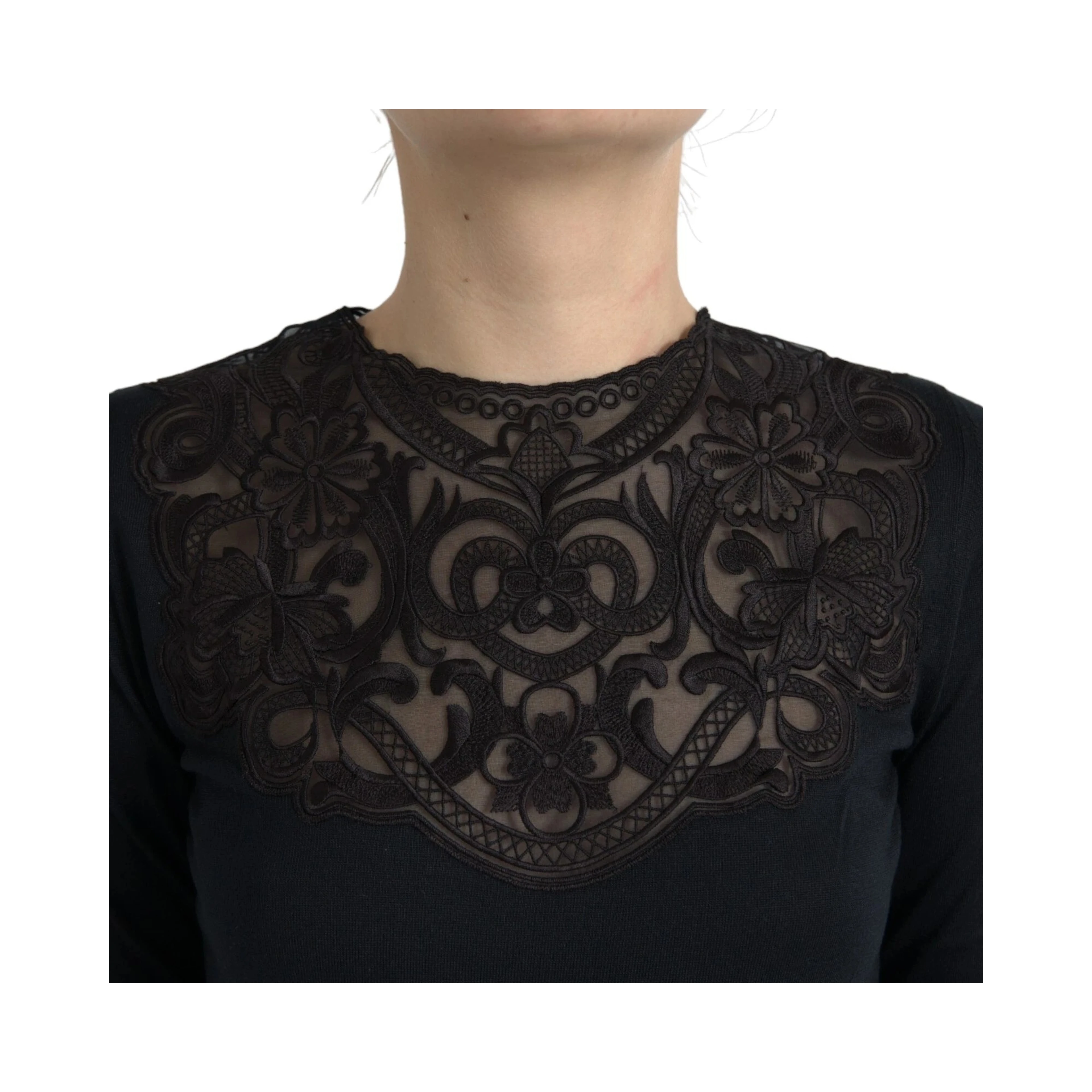 Black Silk Lace Trim Long Sleeves Blouse Top