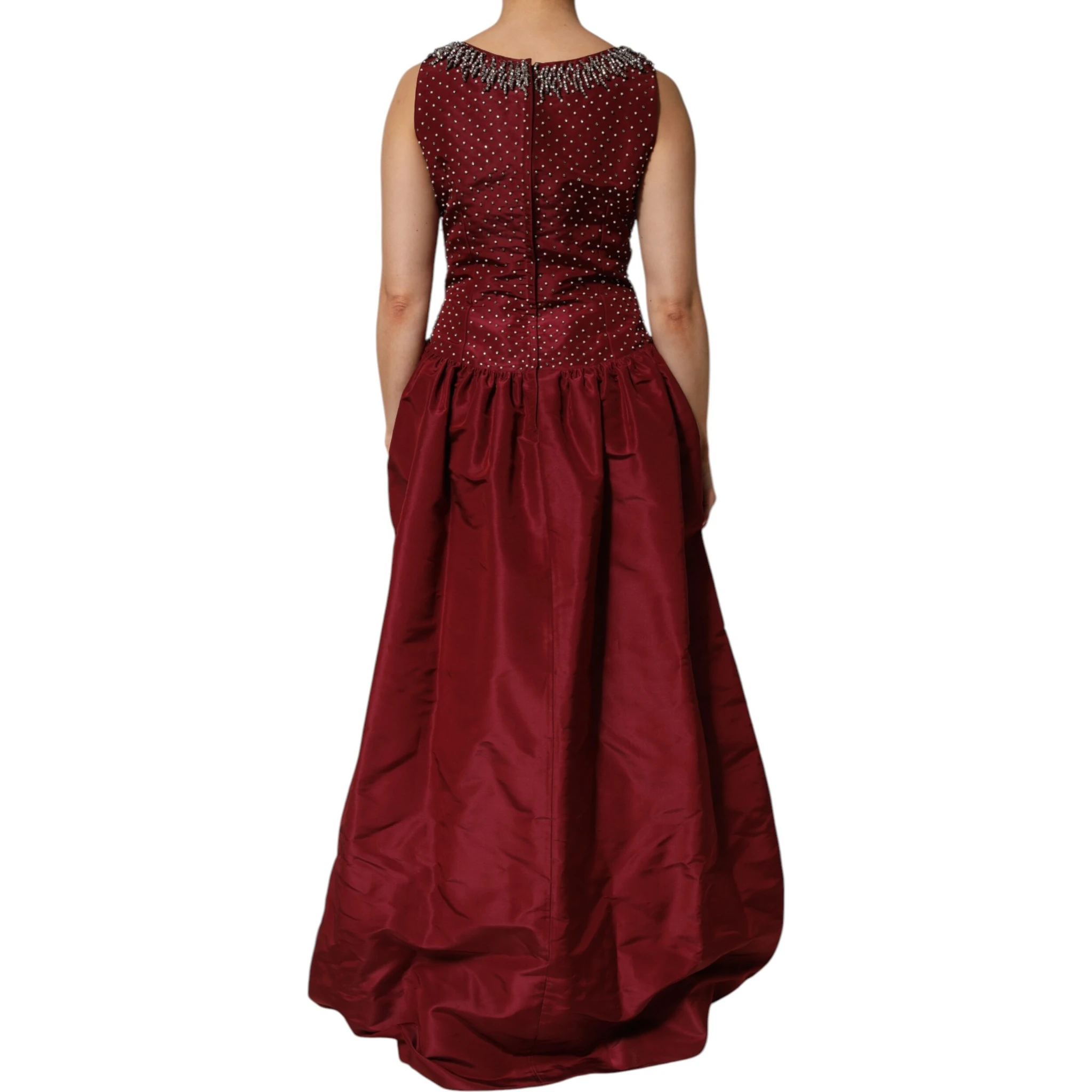 Burgundy Silk Beaded Evening Gown Dress