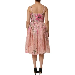 Pink Cotton Floral Pleated Sleeveless Dress
